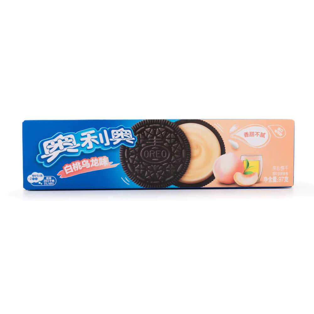 Oreo cookies with oolong tea and white peach crème filling in limited edition blue and peach packaging