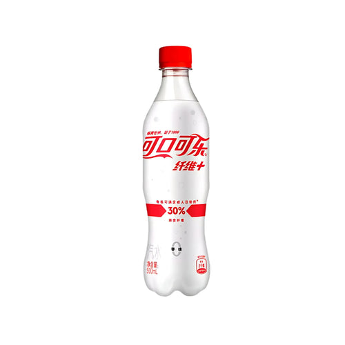 Coca-Cola Plus bottle with added fiber, featuring clean white and red packaging for a functional soda alternative